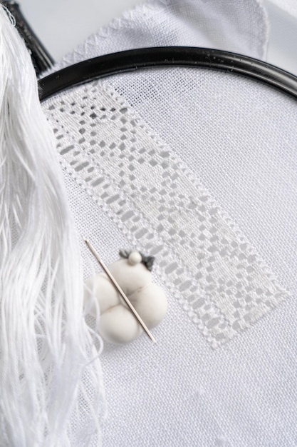 A close up of hand embroidery on linen